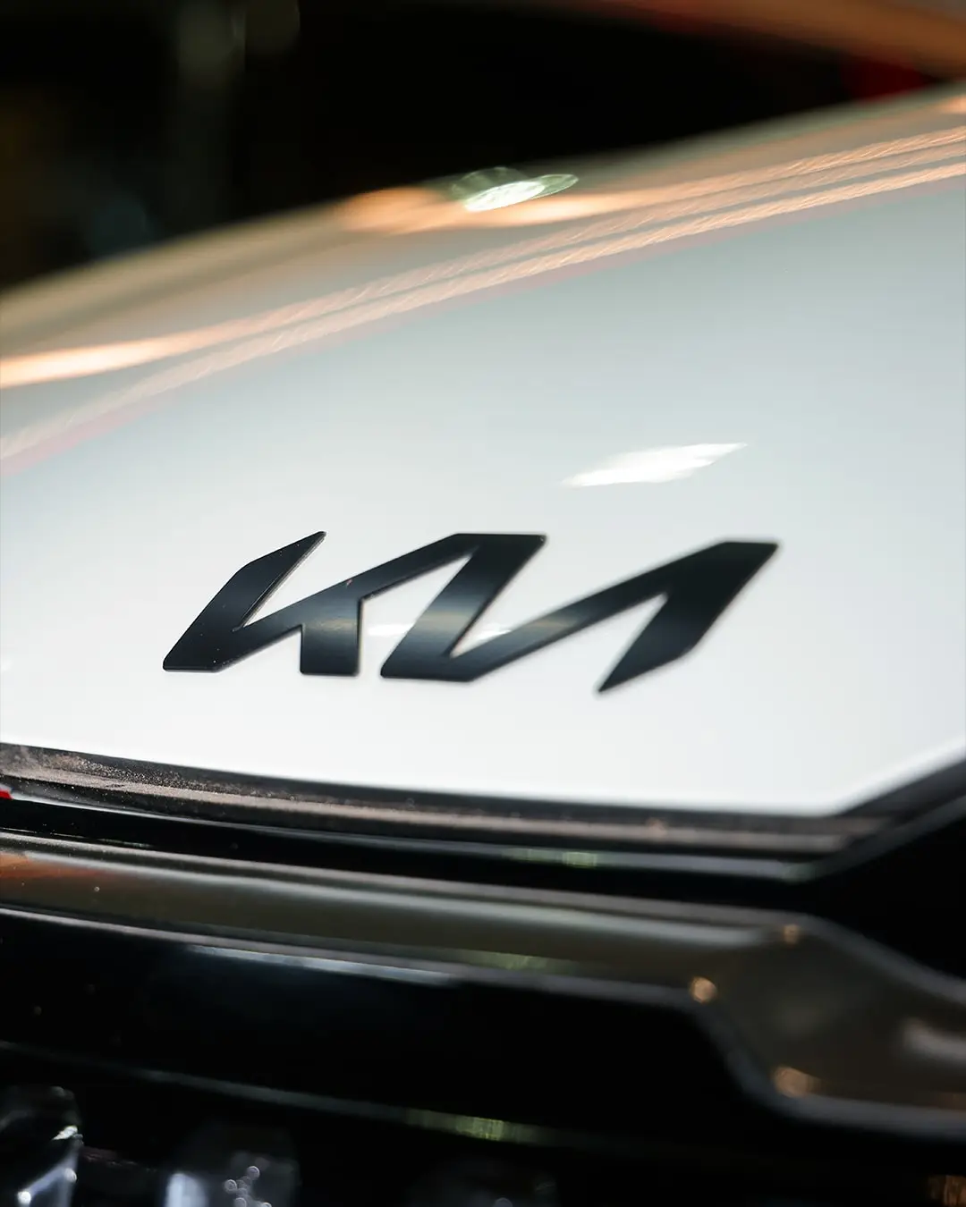 Detalle del logotipo en el capó de un coche blanco